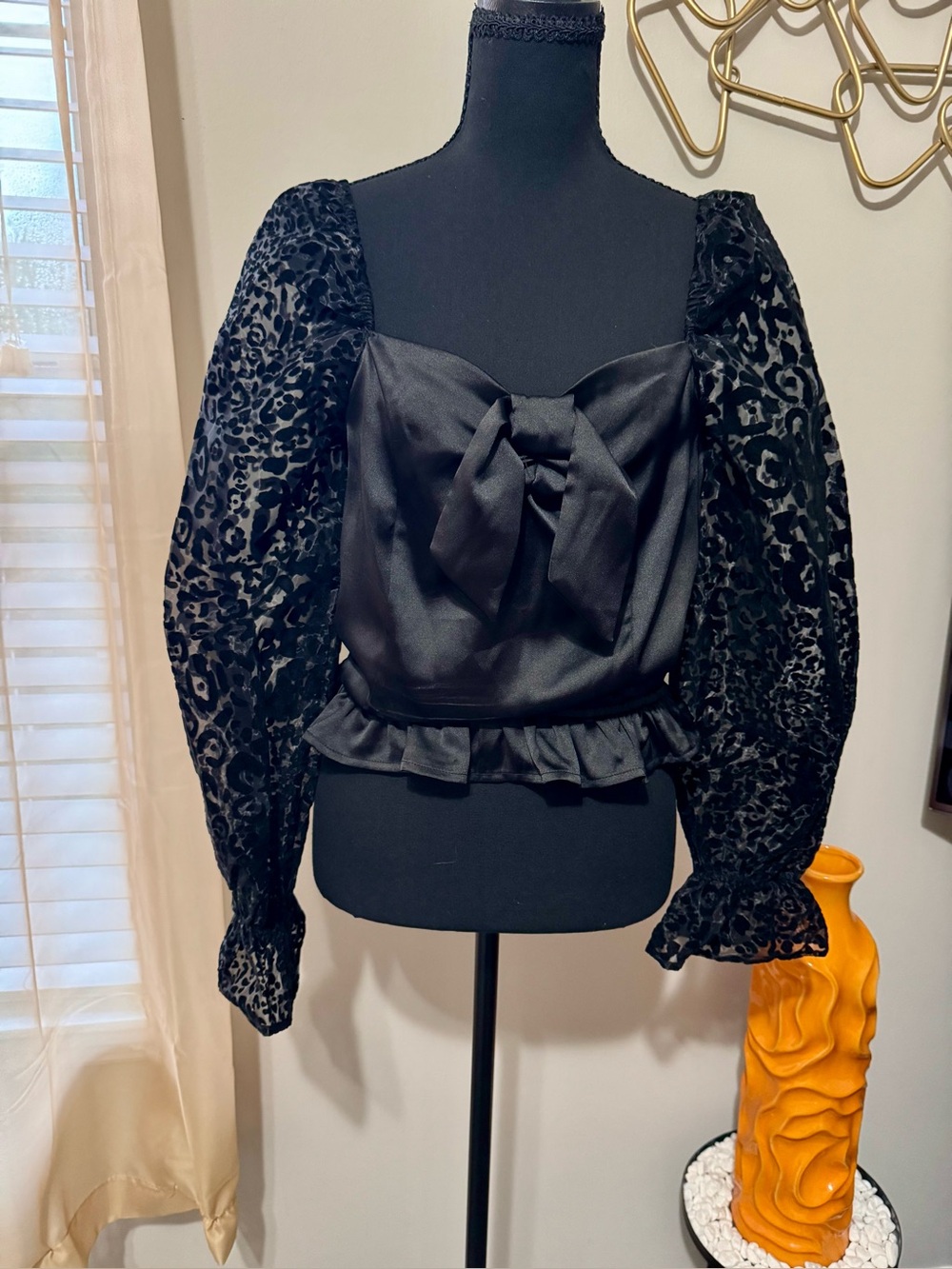 Sugarlips Black Satin Bow Puff-Sleeve Blouse